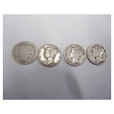 1 Barber Dime  3 Mercury dimes Coin 90% Silver