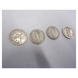 1 Barber Dime  3 Mercury dimes Coin 90% Silver