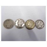 1 Barber Dime  3 Mercury dimes Coin 90% Silver