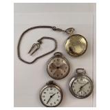 Collection of 4 Vintage Pocket Watches with Chains and Engraved Cases