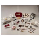 Collection of Vintage Pins and Tie Clips with Enamel Badges and Nurse Name Pin