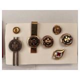 Collection of Vintage Pins and Tie Clips with Enamel Badges and Nurse Name Pin
