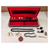 Vintage Jewelry Collection with Gold Stone Watch Fob, Beaded Necklaces, Assorted Earrings, and Case