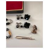 Vintage Jewelry Collection with Gold Stone Watch Fob, Beaded Necklaces, Assorted Earrings, and Case