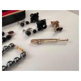 Vintage Jewelry Collection with Gold Stone Watch Fob, Beaded Necklaces, Assorted Earrings, and Case