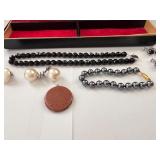 Vintage Jewelry Collection with Gold Stone Watch Fob, Beaded Necklaces, Assorted Earrings, and Case