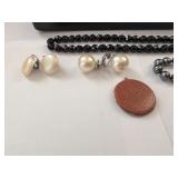 Vintage Jewelry Collection with Gold Stone Watch Fob, Beaded Necklaces, Assorted Earrings, and Case