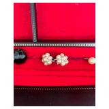 Vintage Jewelry Collection with Gold Stone Watch Fob, Beaded Necklaces, Assorted Earrings, and Case