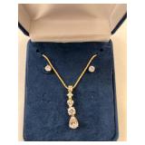 Gold Tone Pendant Necklace and Stud Earring Set with Clear Stones in Gift Box