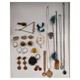 Costume Jewelry Lot with Dragons Breath Clip Earrings, Brooches, Rings, and Necklaces