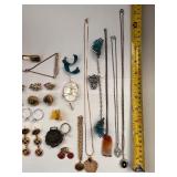 Costume Jewelry Lot with Dragons Breath Clip Earrings, Brooches, Rings, and Necklaces