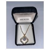 Gold Tone Necklace with Hexagonal Cubic Zirconia Pendant in Box
