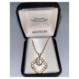 Gold Tone Necklace with Hexagonal Cubic Zirconia Pendant in Box