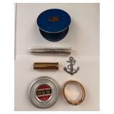 Vintage Collectibles Lot with Lone Ranger Pedometer, Brass Brush, Anchor Items, and US Compact