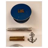 Vintage Collectibles Lot with Lone Ranger Pedometer, Brass Brush, Anchor Items, and US Compact