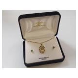 18 KT Gold Over Sterling Silver Genuine Emerald Diamond Necklace & Earrings Set