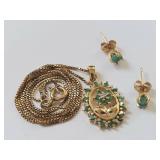 18 KT Gold Over Sterling Silver Genuine Emerald Diamond Necklace & Earrings Set