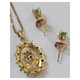 18 KT Gold Over Sterling Silver Genuine Emerald Diamond Necklace & Earrings Set