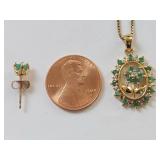 18 KT Gold Over Sterling Silver Genuine Emerald Diamond Necklace & Earrings Set