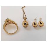 Genuine Sapphire Diamond Jewelry Set: Necklace, Earrings & Ring
