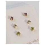 Set of 6 Genuine Stone Stud Earrings 18 KT Gold Over Sterling Silver