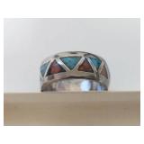 Silver Band Ring with Turquoise and Red Stone Inlay
