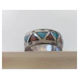 Silver Band Ring with Turquoise and Red Stone Inlay