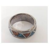 Silver Band Ring with Turquoise and Red Stone Inlay