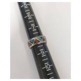 Silver Band Ring with Turquoise and Red Stone Inlay