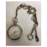 Vintage Sterling Silver Elgin Railroad Pocket Watch with Sterling Silver Chain