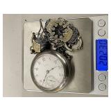 Vintage Sterling Silver Elgin Railroad Pocket Watch with Sterling Silver Chain