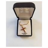 18kt Gold Over Sterling Silver Cross Necklace with Genuine Ruby and Diamond