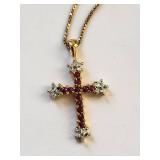 18kt Gold Over Sterling Silver Cross Necklace with Genuine Ruby and Diamond