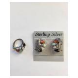 Sterling Silver Dyed Jade Multi-Stone Ring and Earrings Set