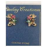 Sterling Creations Gold Over Silver Flower Earrings with Genuine Stones