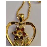 Gold-Tone Heart Necklace with Gemstone Flower Pendant