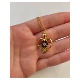 Gold-Tone Heart Necklace with Gemstone Flower Pendant