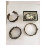 Group of 3 Brass Bracelets and Brass Unicorn Belt Buckle
