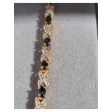 7.5 Inch Sterling Silver Gold Plated Natural Sapphire and Diamond Bracelet