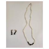 14K Gold Seed Pearl and Onyx Necklace and Earring Set