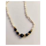 14K Gold Seed Pearl and Onyx Necklace and Earring Set
