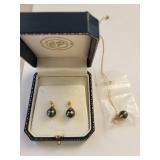 14K Gold Cultured Tahitian Pearl Necklace and Earrings Set