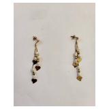 14K Gold Seed Pearl Earrings with Heart Charms, 1.74 Grams