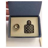 Vintage Small Sterling over Cobalt Glass French Perfume Bottle with Metal Filigree and Funnel in Original Box