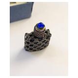 Vintage Small Sterling over Cobalt Glass French Perfume Bottle with Metal Filigree and Funnel in Original Box