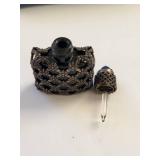 Vintage Small Sterling over Cobalt Glass French Perfume Bottle with Metal Filigree and Funnel in Original Box