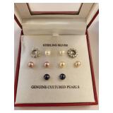 Lot of Sterling Silver Cultured Pearl Stud Earrings, Multi-Color Sets