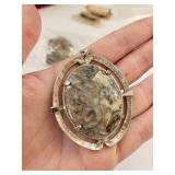 Collection of Vintage Agate, Shell Cameo, Dinosaur Bone Pendant, Mother of Pearl, and Carnelian Jewelry Brooches and Pendants