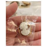Collection of Vintage Agate, Shell Cameo, Dinosaur Bone Pendant, Mother of Pearl, and Carnelian Jewelry Brooches and Pendants