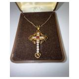 Route of Hollywood Gold-Tone Cross Necklace with Red and Clear Stones